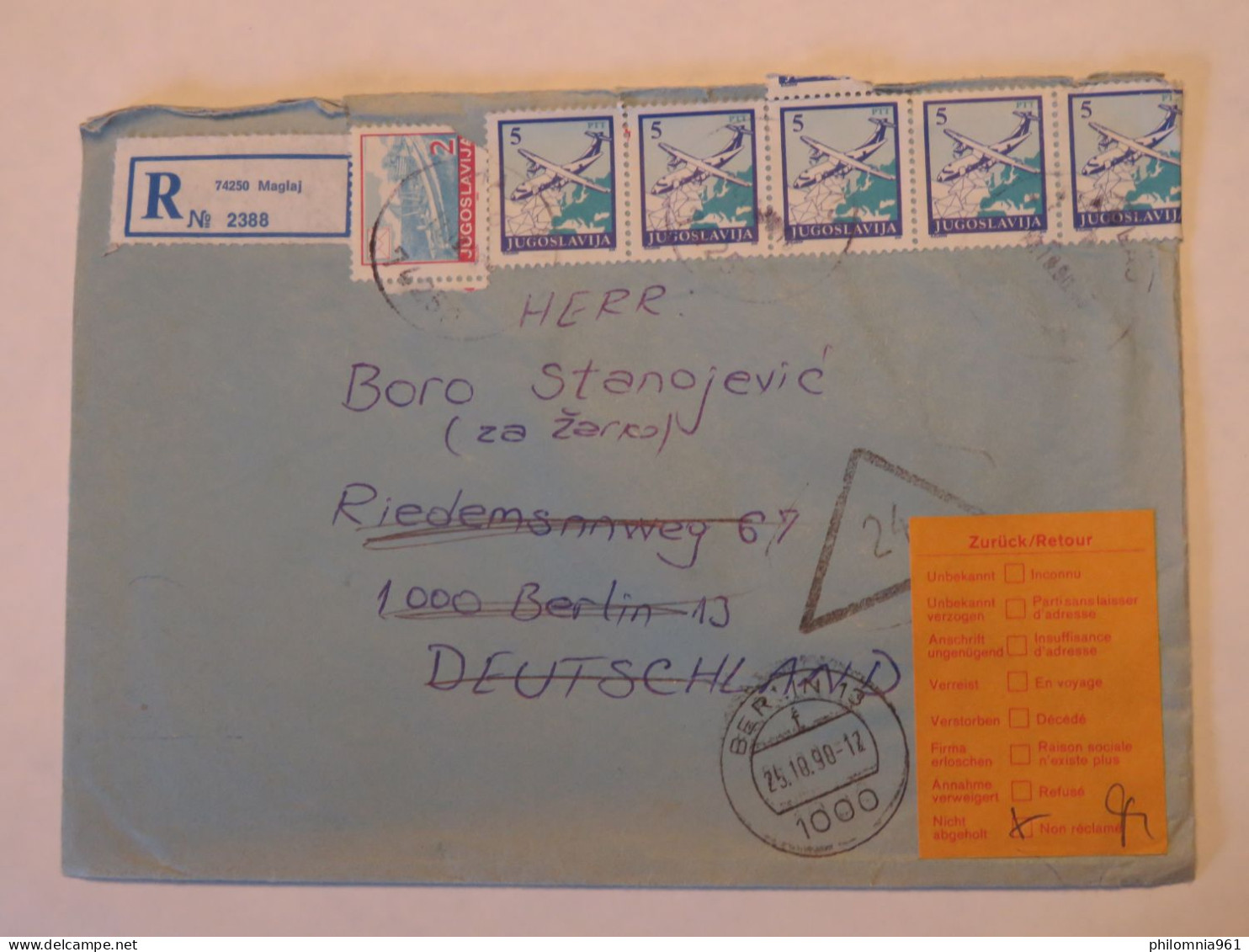 YUGOSLAVIA REGISTERED COVER TO GERMANY 1990 - Andere & Zonder Classificatie