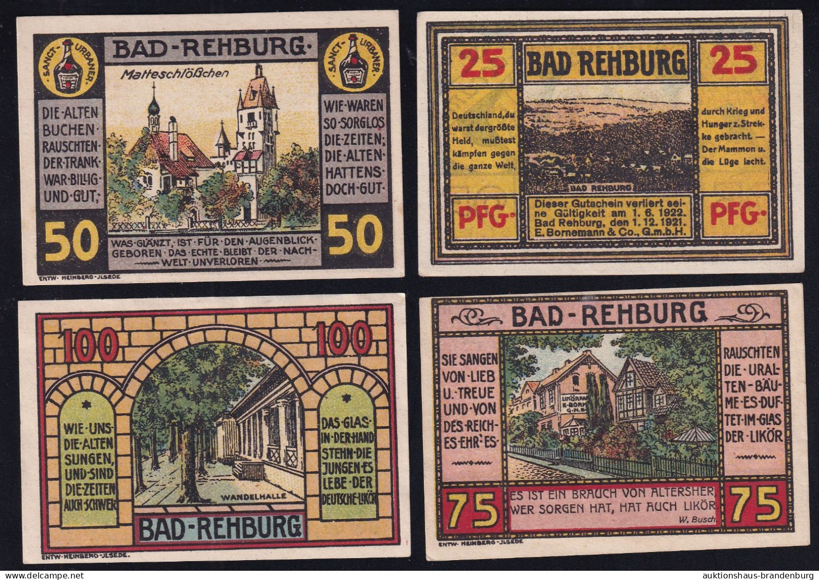 4x Bad Rehburg: 25, 50, 75 + 100 Pfg. 1.12.1921 - E. Bornemann - Sammlungen