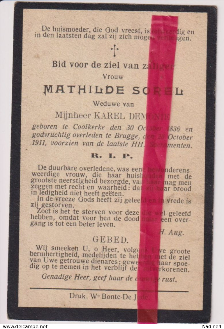 Devotie Doodsprentje Overlijden - Mathilde Sorel Wed Karel Demonie - Koolkerke 1836 - Brugge 1911 - Décès