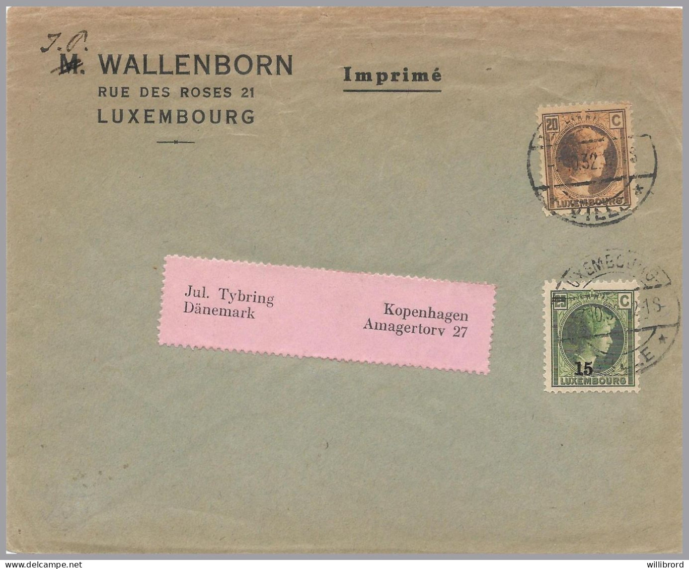 LUXEMBOURG - 1932 Charlotte 2nd 15c/25c & 20c Printed Matter To Denmark - 1926-39 Charlotte Rechterzijde