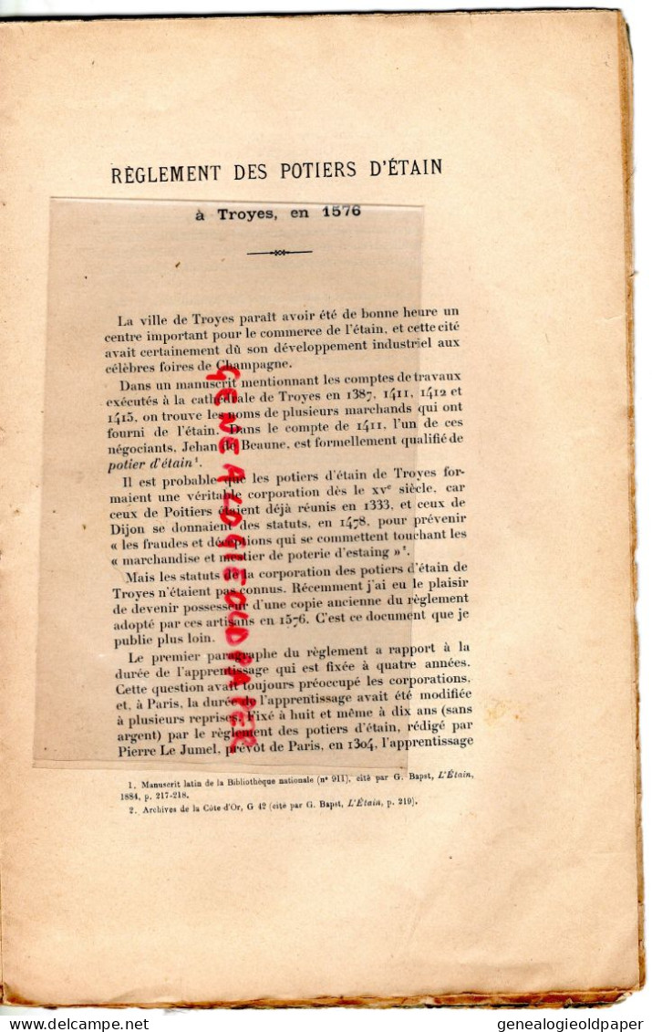 10- TROYES- REGLEMENT POTIERS D' ETAIN EN 1576- J. ADRIEN BLANCHET-ARCIS SUR AUBE IMPRIMERIE LEON FREMONT 1897-POTERIE - Autres & Non Classés