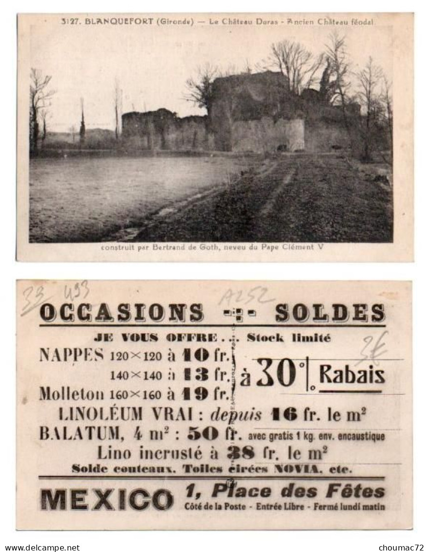 (33) 493, Blanquefort, Rivière 3127, Le Château De Duras, Publicité Au Dos - Blanquefort