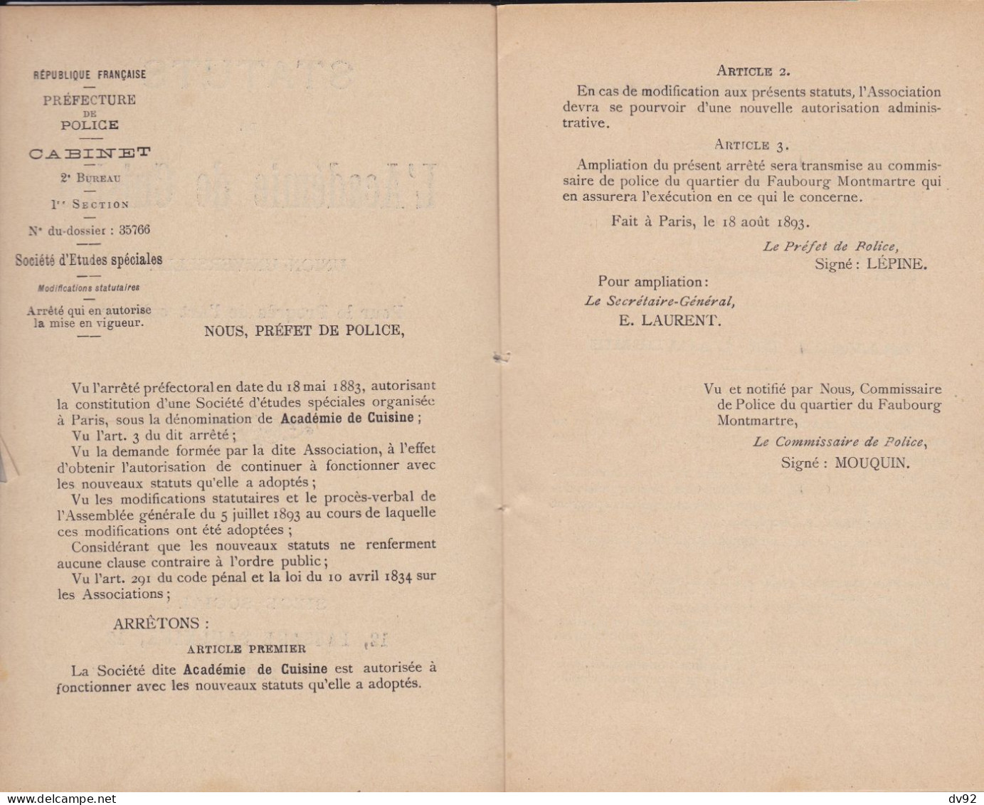 STATUTS DE L ACADEMIE DE CUISINE 1893 - Unclassified