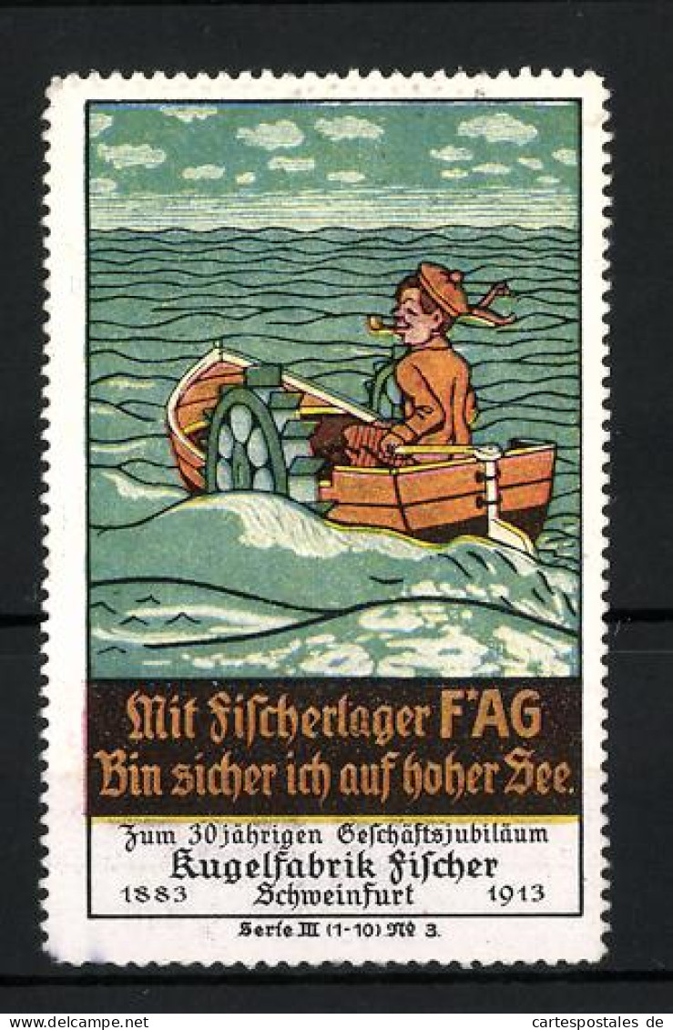 Reklamemarke Das Fischerlager FAG, Kugelfabrik Fischer Schweinfurt, Mann Im Ruderboot  - Erinnophilie