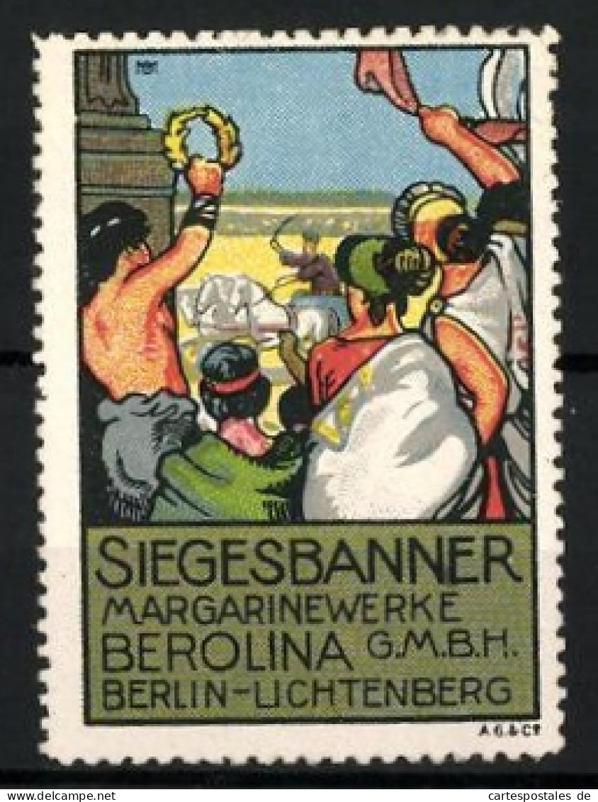 Künstler-Reklamemarke Michaelis, Berlin-Lichtenberg, Siegesbanner Margarine, Berolina GmbH, Wagenrennen In Der Antike  - Vignetten (Erinnophilie)