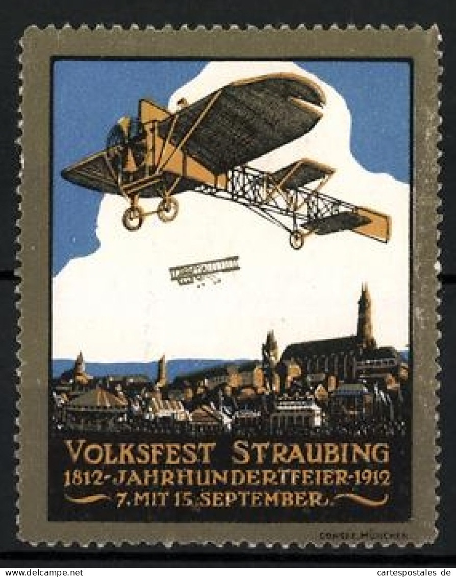 Reklamemarke Straubing, Volksfest & Jahrhundertfeier 1812-1912, Flugzeuge über Der Stadt  - Erinnofilie