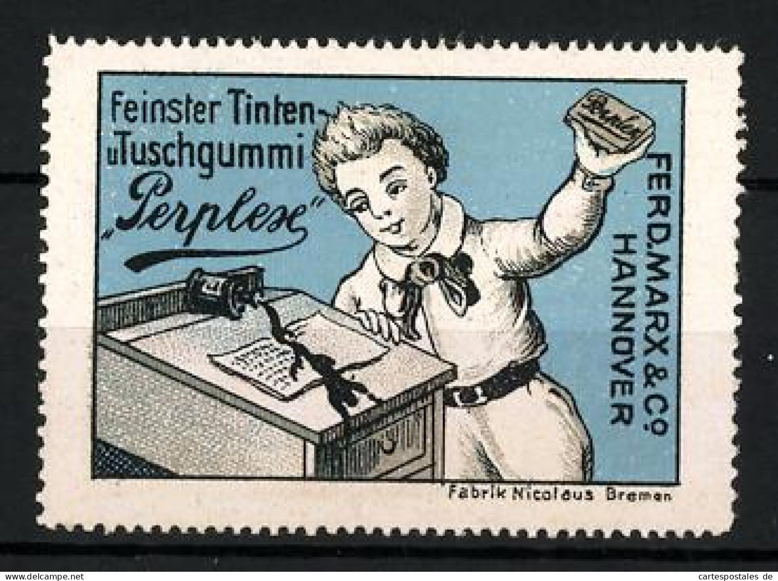 Reklamemarke Perplex - Feinster Tinten- Und Tuschgummi, Ferd. Marx & Co., Hannover, Schuljunge Mit Radiergummi  - Erinnofilie