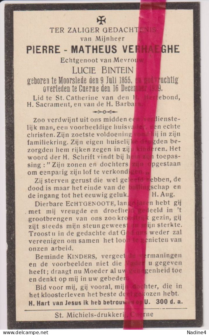 Devotie Doodsprentje Overlijden - Pierre Verhaeghe Echtg Lucie Bintein - Moorslede 1855 - Kuurne 1929 - Décès