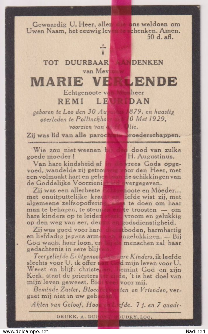 Devotie Doodsprentje Overlijden - Marie Verlende Echtg Remi Leuridan - Lo 1879 - Pollinkhove 1929 - Décès