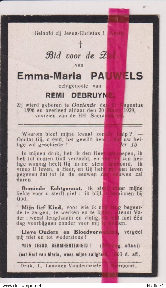 Devotie Doodsprentje Overlijden - Emma Pauwels Echtg Remi Debruyne - Oostende 1896 - 1929 - Obituary Notices