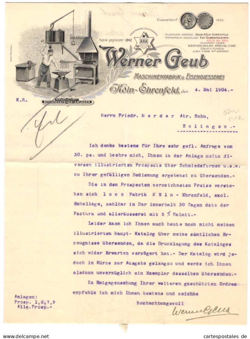 Rechnung Köln-Ehrenfeld 1904, Werner Geub, Maschinenfabrik Und Eisengiesserei, Schmied Bei Der Arbeit  - Other & Unclassified