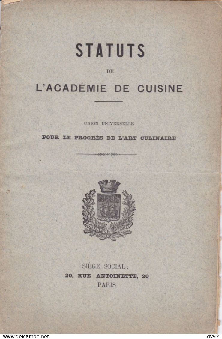 STATUTS DE L ACADEMIE DE CUISINE 1883 - Non Classés