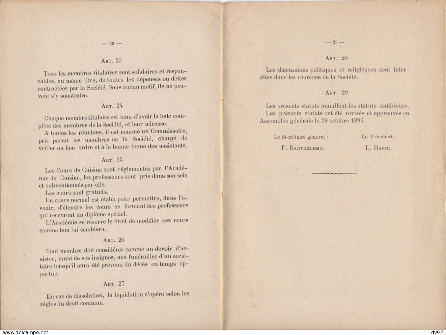 STATUTS DE L ACADEMIE DE CUISINE 1883 - Unclassified