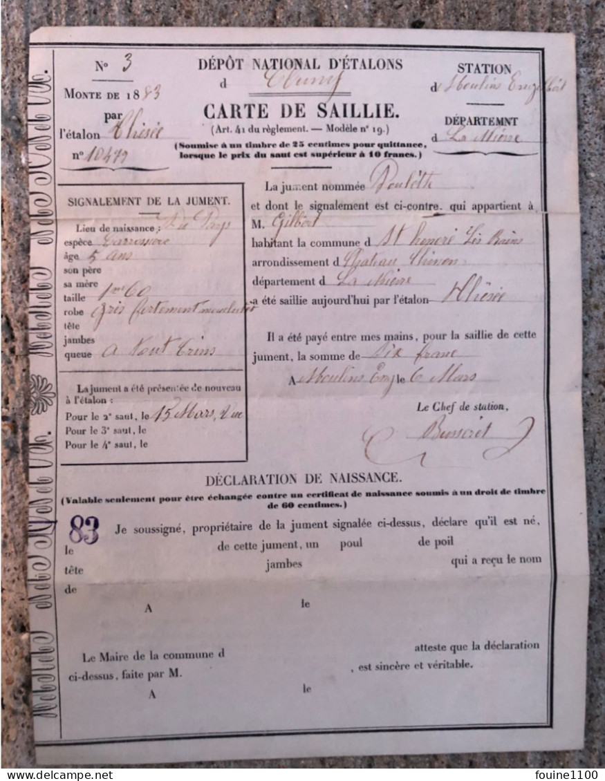 CARTE DE SAILLIE Année 1883 Dépôt National D'étalons De CLUNY Station Moulins Engilbert étalon THESEE Jument POULETTE - Zonder Classificatie