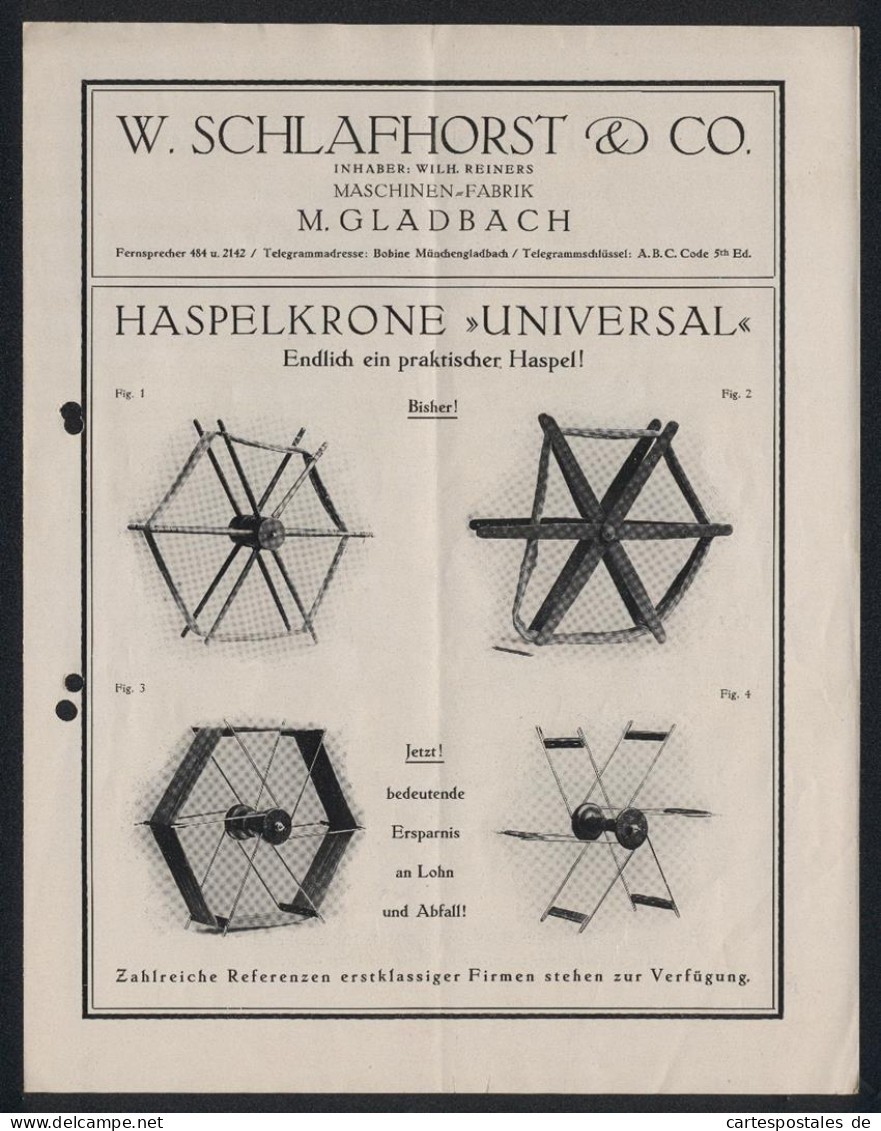 Werbeprospekt M. Gladbach, W. Schlafhorst & Co., Maschinen-Fabrik, Ansichten Und Reklame Für Die Haspelkrone Universal  - Non Classés