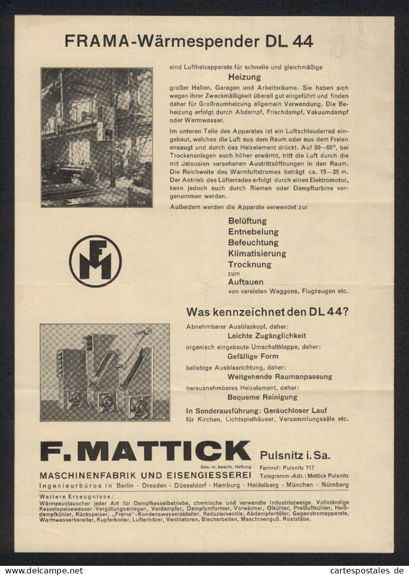 Werbeprospekt Pulsnitz I. Sa., F. Mattick, Maschinenfabrik Und Eisengiesserei, Der Frama-Wärmespender DL 44  - Non Classés