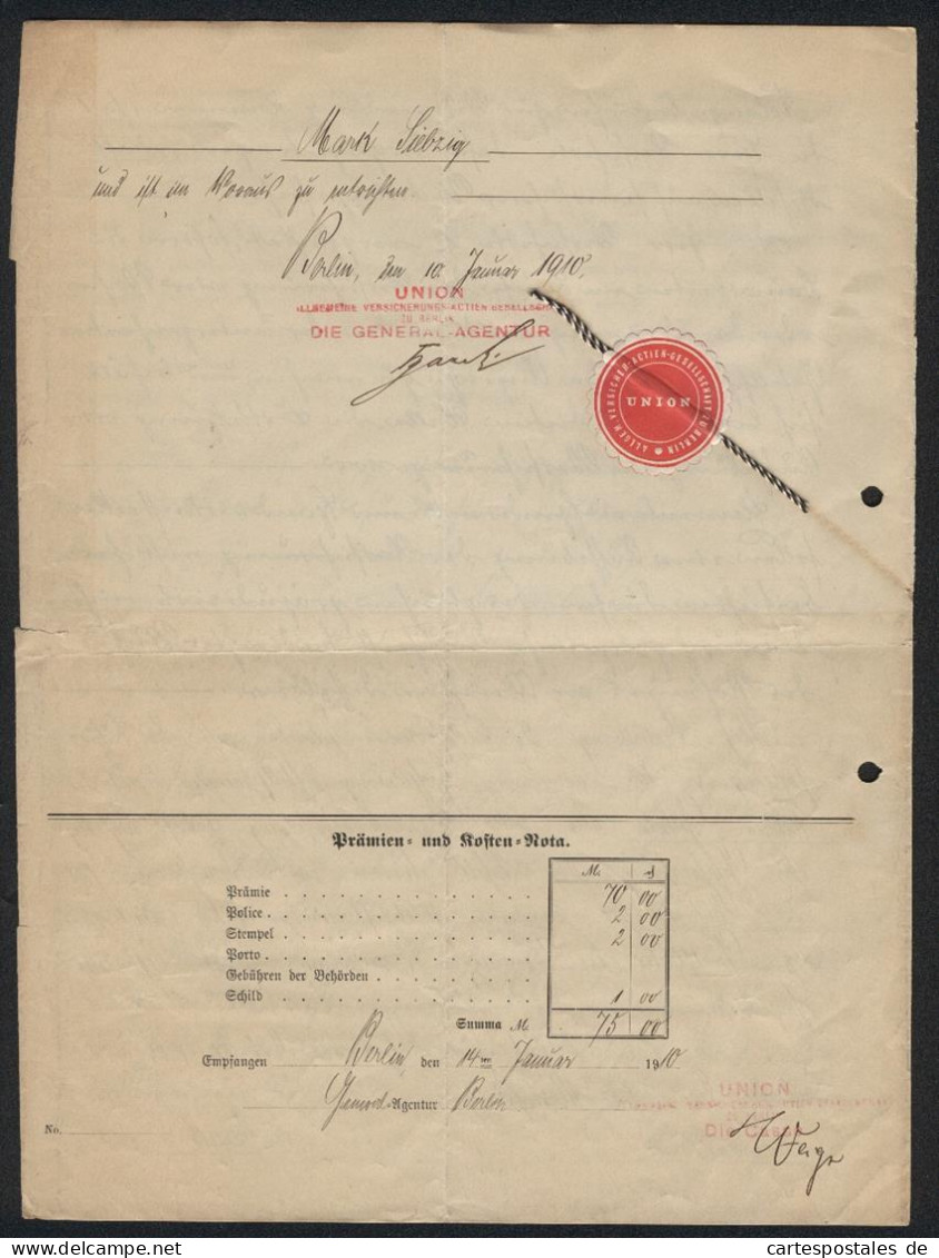 Rechnung Berlin 1910, Allgemeine Versicherungs- Und Actien-Gesellschaft Union, Königgrätzerstrasse 97 /99, Firmenlogo  - Andere & Zonder Classificatie