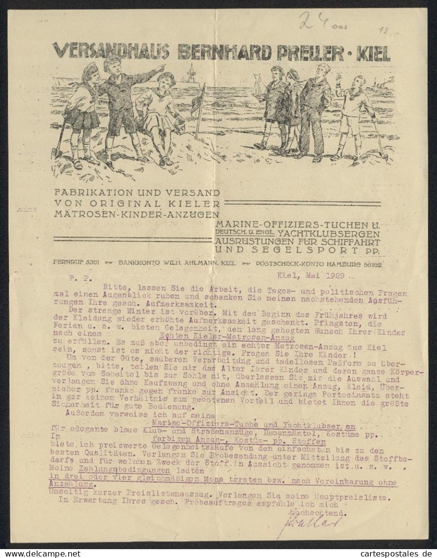 Rechnung Kiel 1929, Bernhard Preiler, Fabrikation Und Versand Von Kinder-Matrosen-Anzügen, Kinder Am Strand  - Other & Unclassified