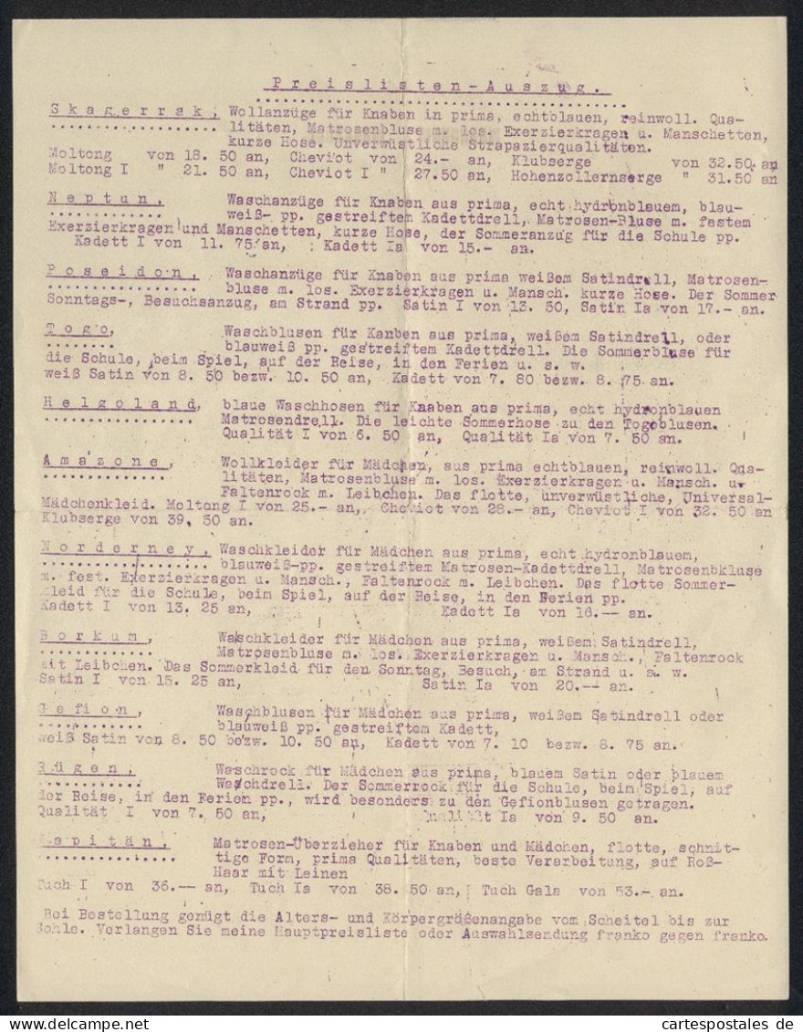 Rechnung Kiel 1929, Bernhard Preiler, Fabrikation Und Versand Von Kinder-Matrosen-Anzügen, Kinder Am Strand  - Sonstige & Ohne Zuordnung