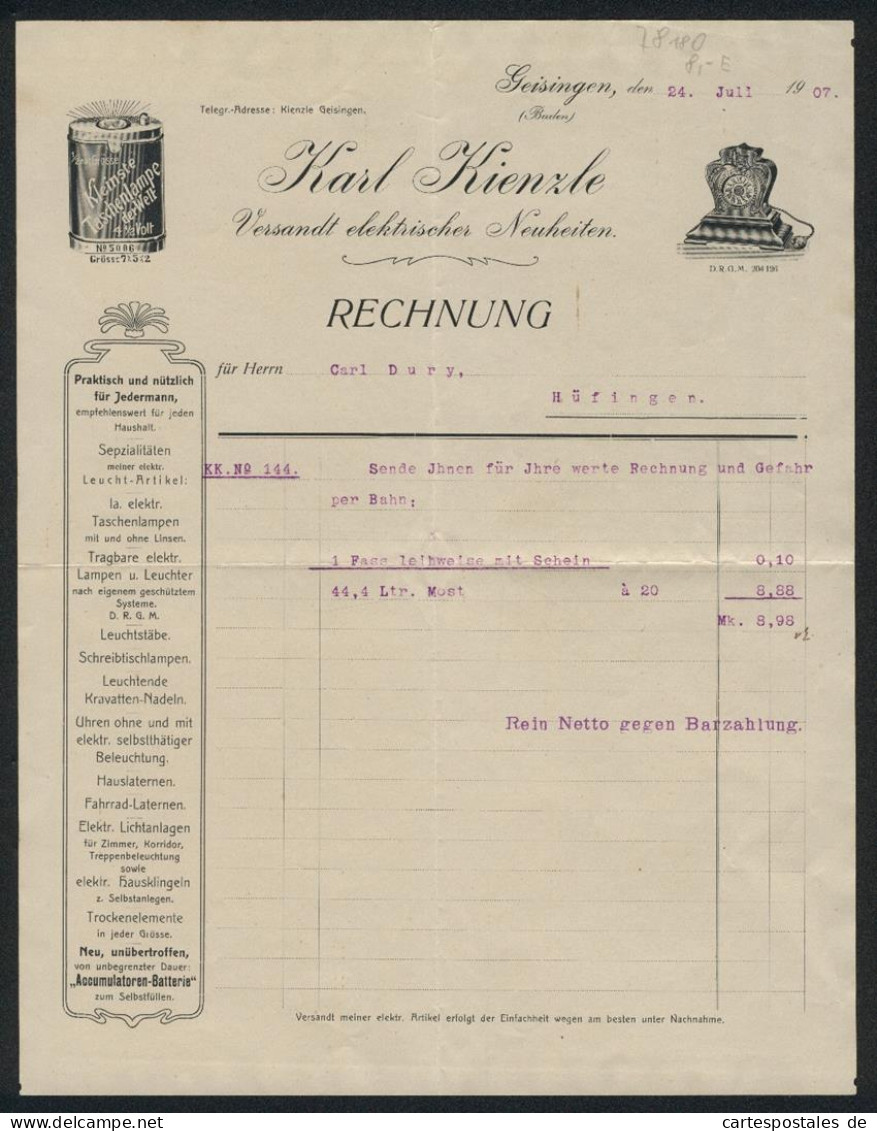 Rechnung Geisingen 1907, Karl Kienzle, Versandt Elektrischer Neuheiten, Kleine Taschenlampe, Standuhr  - Altri & Non Classificati