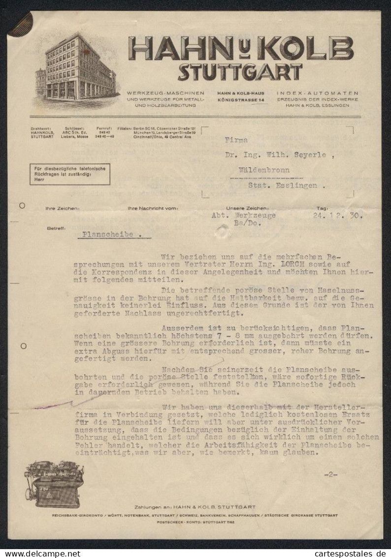 Rechnung Stuttgart 1930, Hahn U. Kolb, Werkzeug-Maschinen Und Index-Automaten, Ansicht Des Geschäftshauses  - Autres & Non Classés