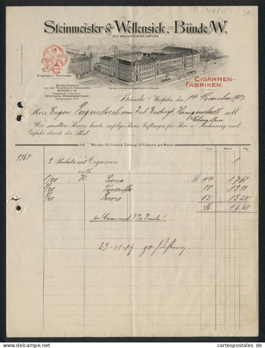 Rechnung Bünde I Westfalen 1907, Steinmeister & Wellensiek, Cigarren-Fabriken, Das Contor- & Versandgebäude  - Other & Unclassified