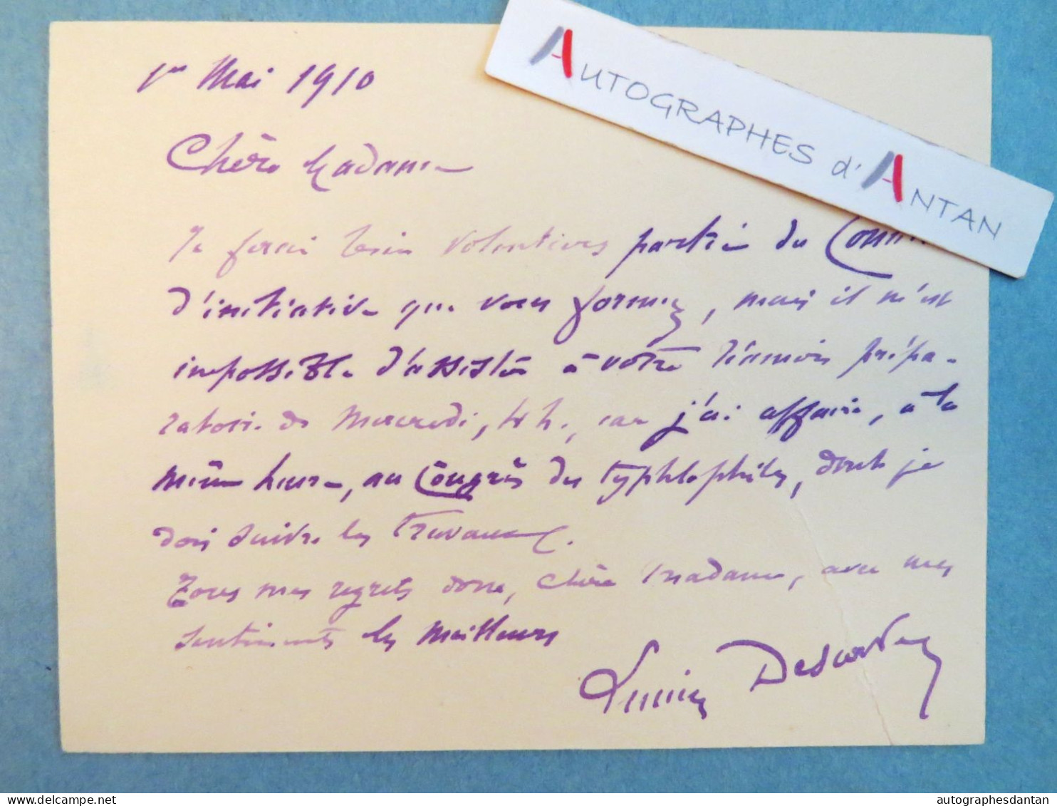 ● Lucien DESCAVES 1910 écrivain à Jane Catulle Mendès - Comité Initiative - Congrès Des Typhlophiles - Carte Lettre - Escritores