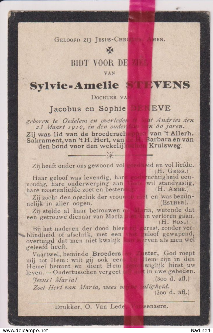 Devotie Doodsprentje Overlijden - Sylvie Stevens Dochter Jacobus & Sophie Deneve - Oedelem 1850 - St Andries 1910 - Obituary Notices