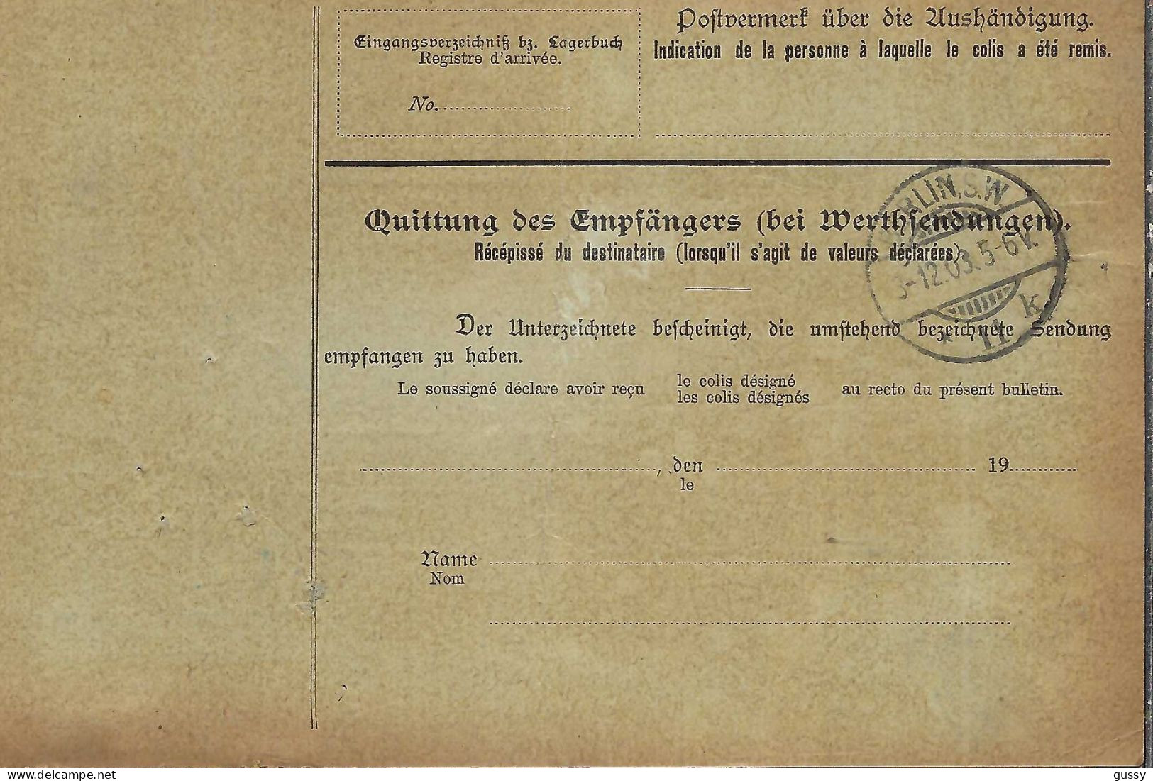 ALLEMAGNE Ca.1903: Bulletin D'Expédition CR De Schöneberg Bei Berlin Pour Genève (Suisse) - Briefe U. Dokumente