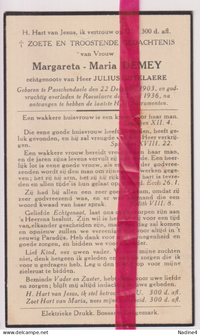 Devotie Doodsprentje Overlijden - Margareta Demey Echtg JUlius Gotelaere - Passendale 1903 - Roeselare 1936 - Obituary Notices