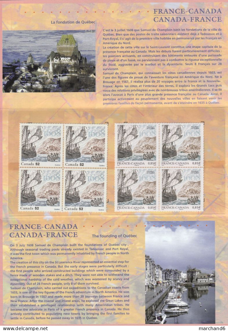 2008 France Canada Pochette Souvenir N°32 émissions Communes Fondation De Québec N°4182 Et 2351 Neuf ** - Autres & Non Classés