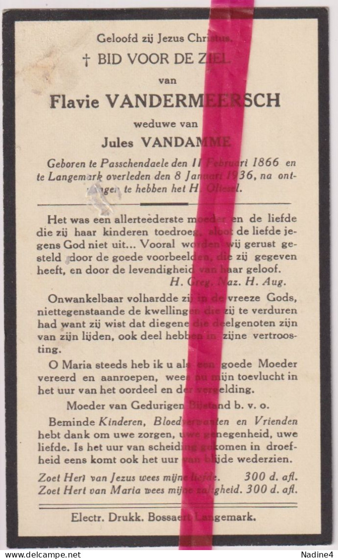 Devotie Doodsprentje Overlijden - Flavie Vandermeersch Wed JUles Vandamme - Passendale 1866 - Langemark 1936 - Obituary Notices
