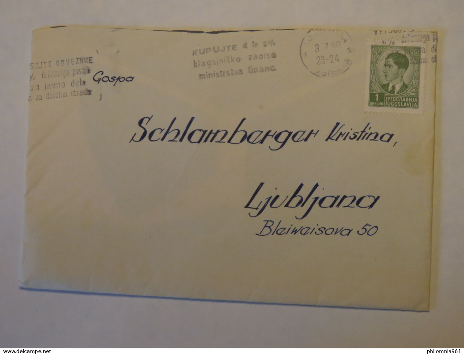 YUGOSLAVIA COVER TO SLOVENIA 1940 - Sonstige & Ohne Zuordnung