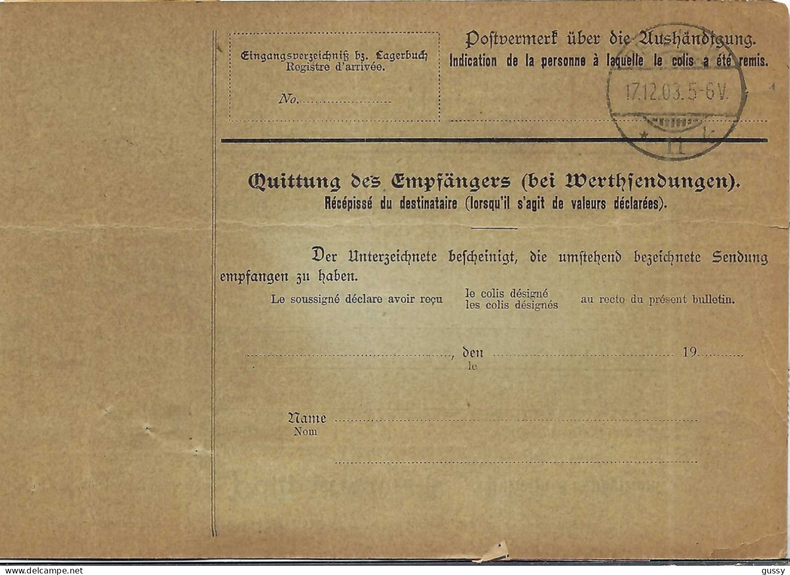 ALLEMAGNE Ca.1903: Bulletin D'Expédition CR De Berlin Pour Genève (Suisse) - Lettres & Documents