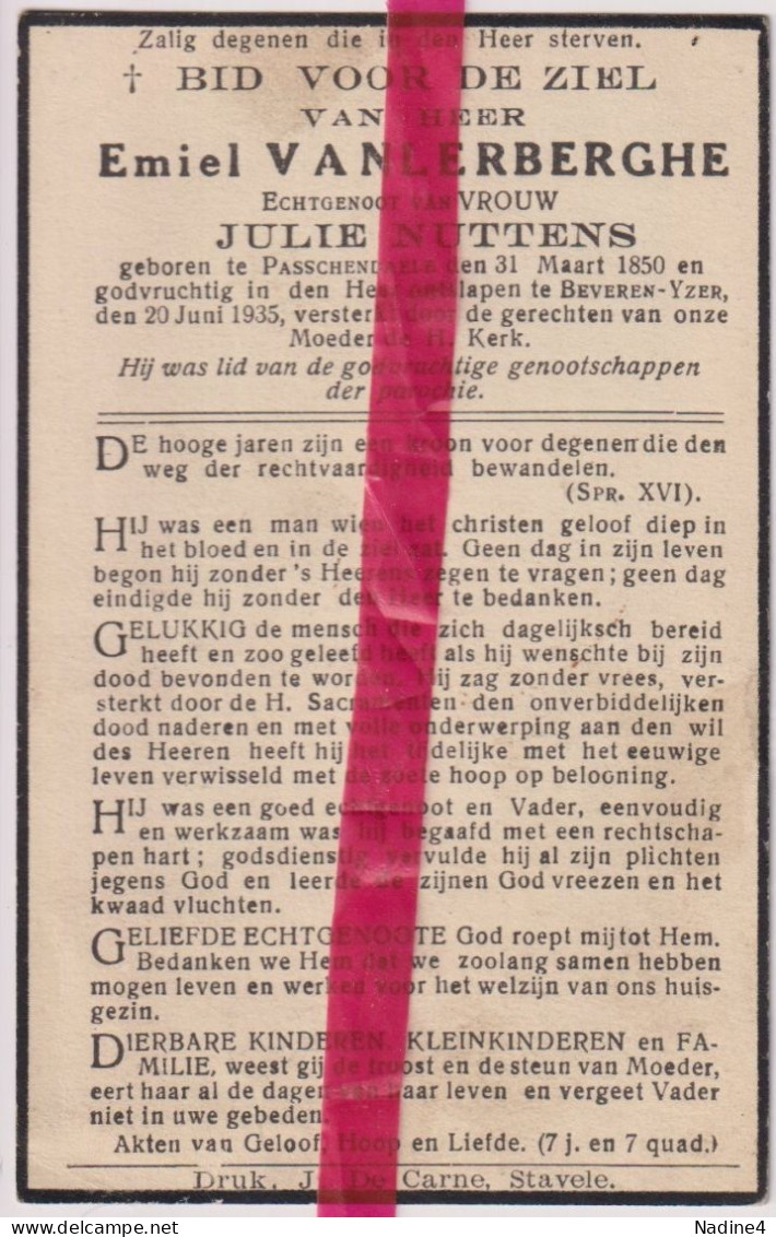 Devotie Doodsprentje Overlijden - Emiel Vanlerberghe Echtg Julie Nuttens - Passendale 1850 - Beveren IJzer 1935 - Décès