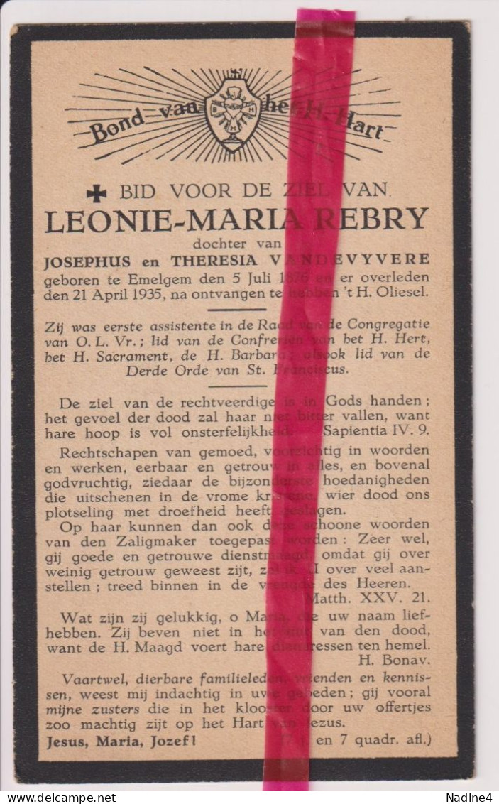 Devotie Doodsprentje Overlijden - Leonie Rebry Dochter Josephus & Theresia Vandevyvere - Emelgem 1876 - 1935 - Todesanzeige