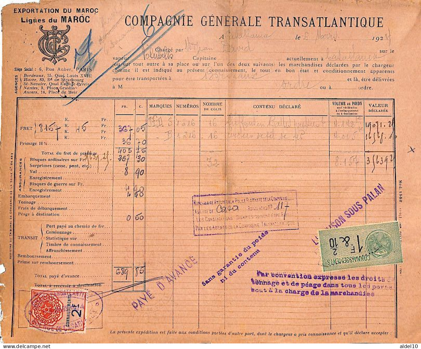 Connaissement  Casablanca à Bordeaux 1924 Avec Timbre Fiscal Connaissement Royaume Maroc 2 F Et France 1 F 2/10 - Cartas & Documentos