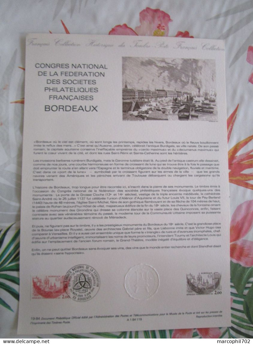 Document Officiel Congres National Des Sociétés Philateliques Francaises Bordeaux 9/6/84 - Documenten Van De Post