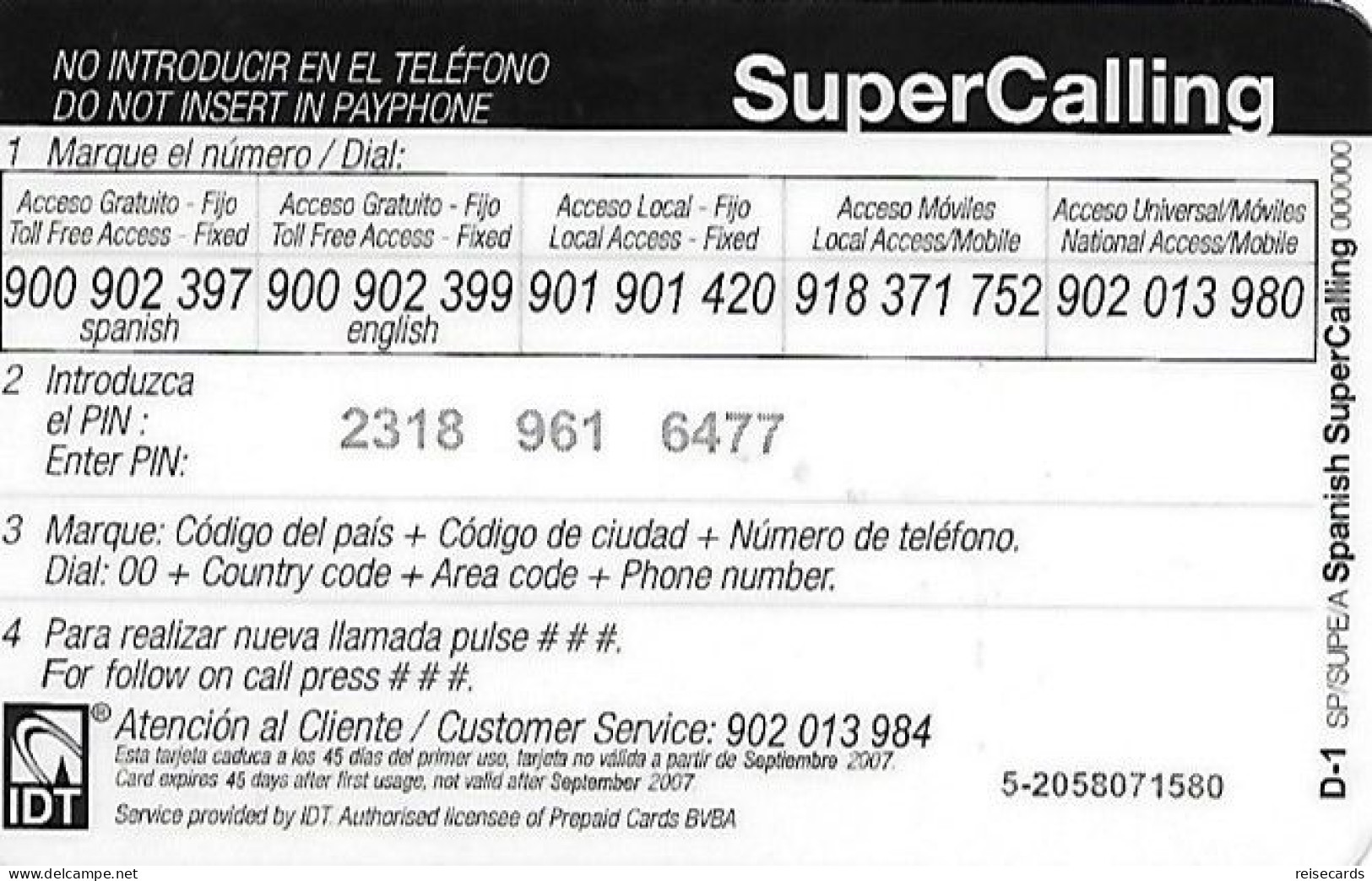 Spain: Prepaid IDT - SuperCall € 5 09.07 - Andere & Zonder Classificatie