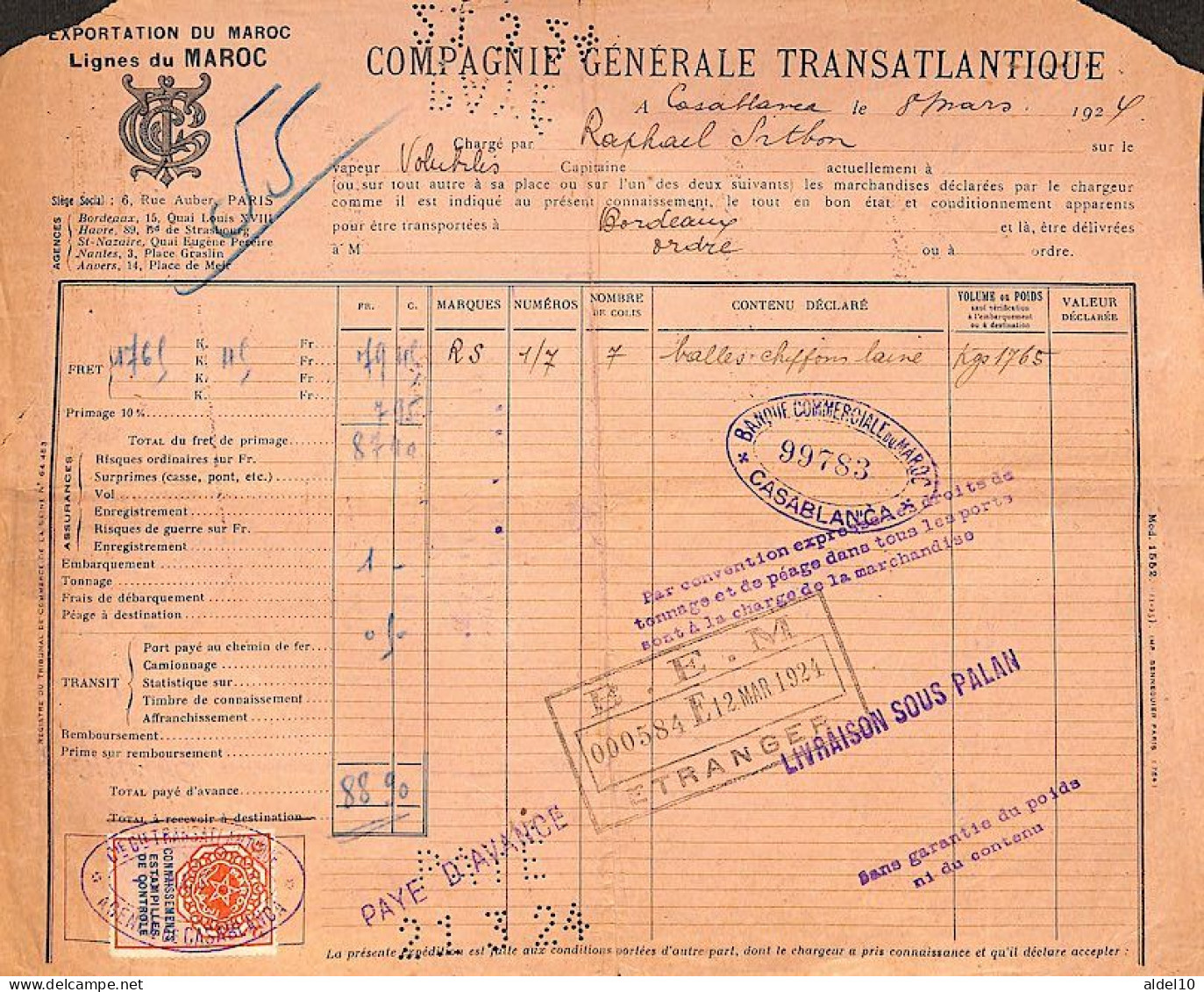 Connaissement Casablanca à Bordeaux 1924 Avec Timbre Fiscal Estampille Contrôle De Royaume Maroc - Lettres & Documents