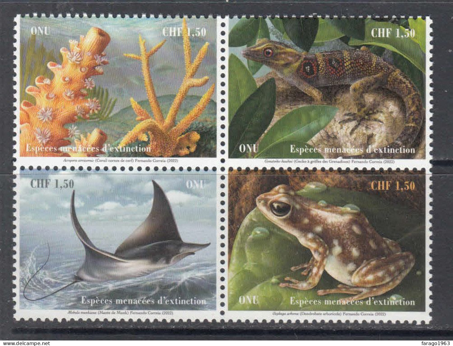 2022 United Nations GENEVA Endangered Species Frogs Lizards Fish Block Of 4 MNH @ BELOW FACE VALUE - Neufs