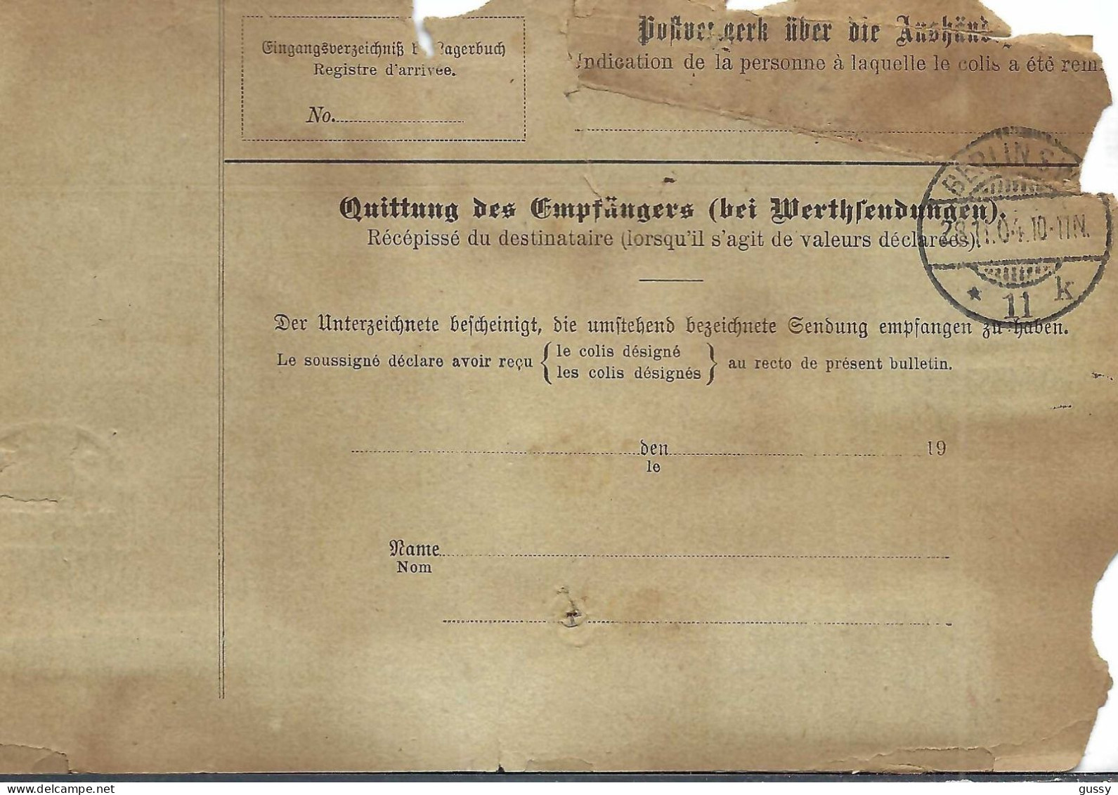 ALLEMAGNE Ca.1904: Bulletin D'Expédition CR De Berlin Pour Genève (Suisse), "meurtri" Par Le Temps - Briefe U. Dokumente