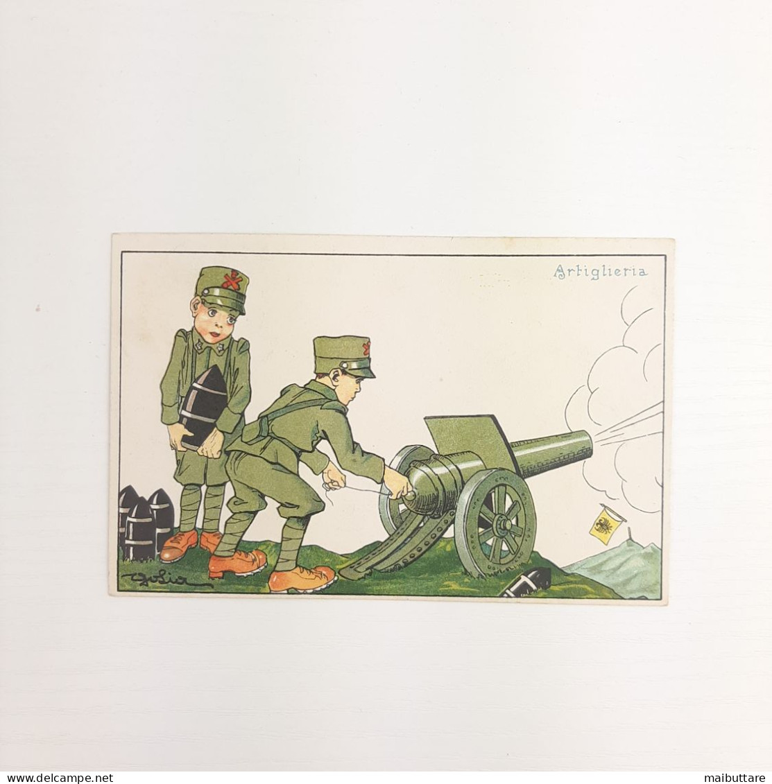 WW1 Cartolina A Colori - Illustrazione Satirica "Artiglieria" - Autore Golia Viaggiata Data 15.01.1916 Lanciatorpedini - War 1914-18