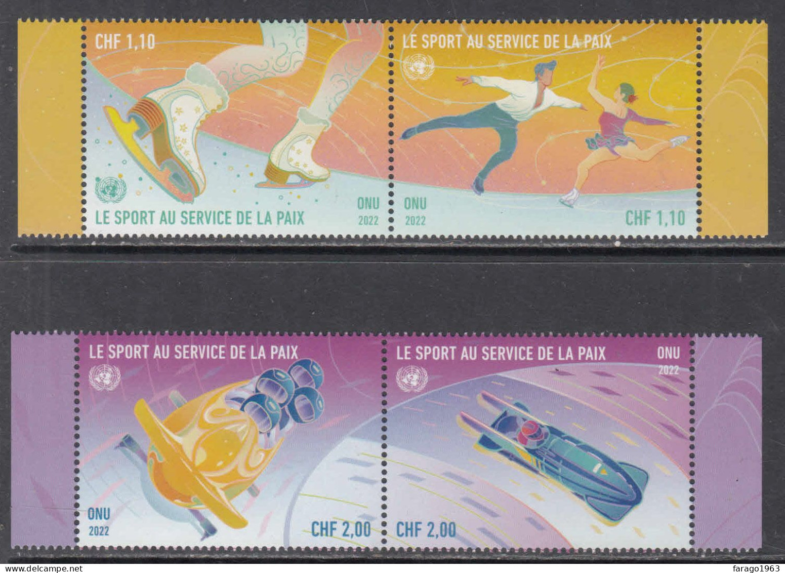 2022 United Nations GENEVA Sports For Peace Figure Skating Bobsledding Complete Set Of 2 Pairs MNH @ BELOW FACE VALUE - Nuevos
