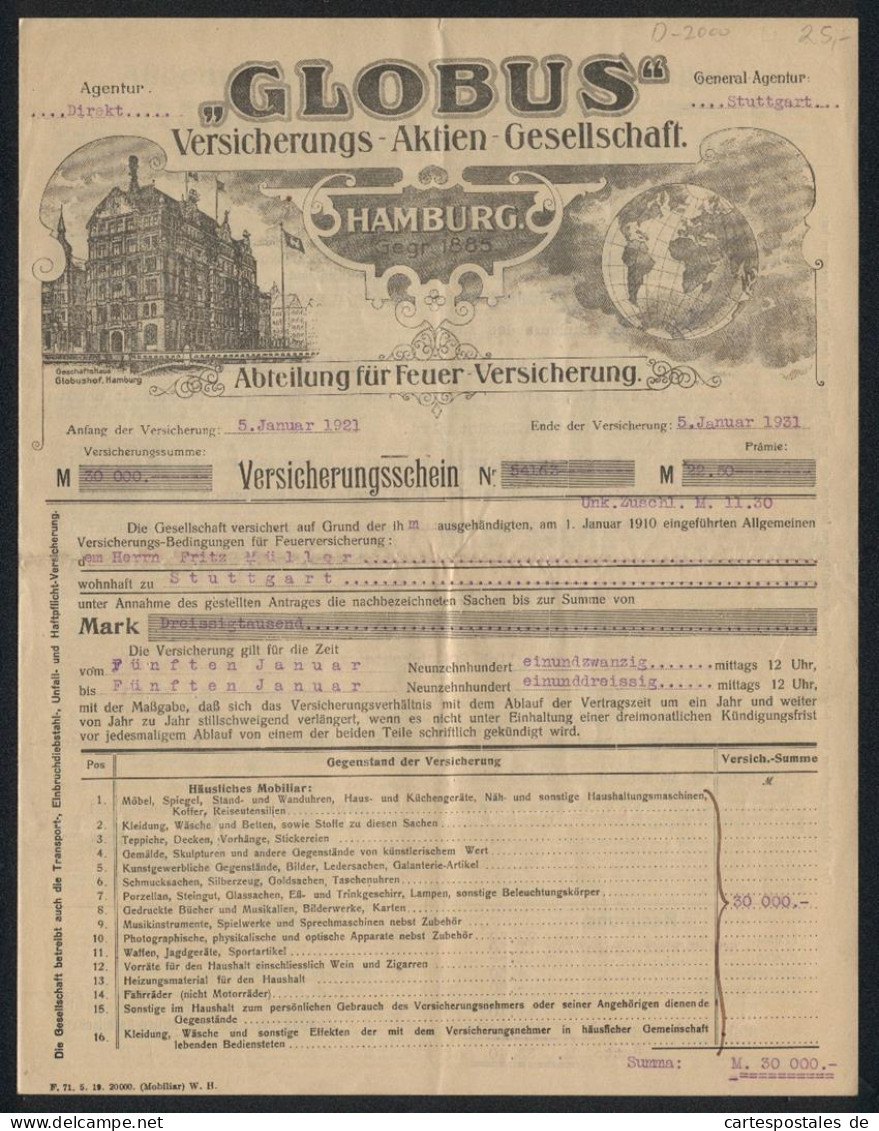 Rechnung Hamburg 1921, Globus Versicherungs-AG, Das Geschäftshaus Globushof, Weltkugel  - Autres & Non Classés