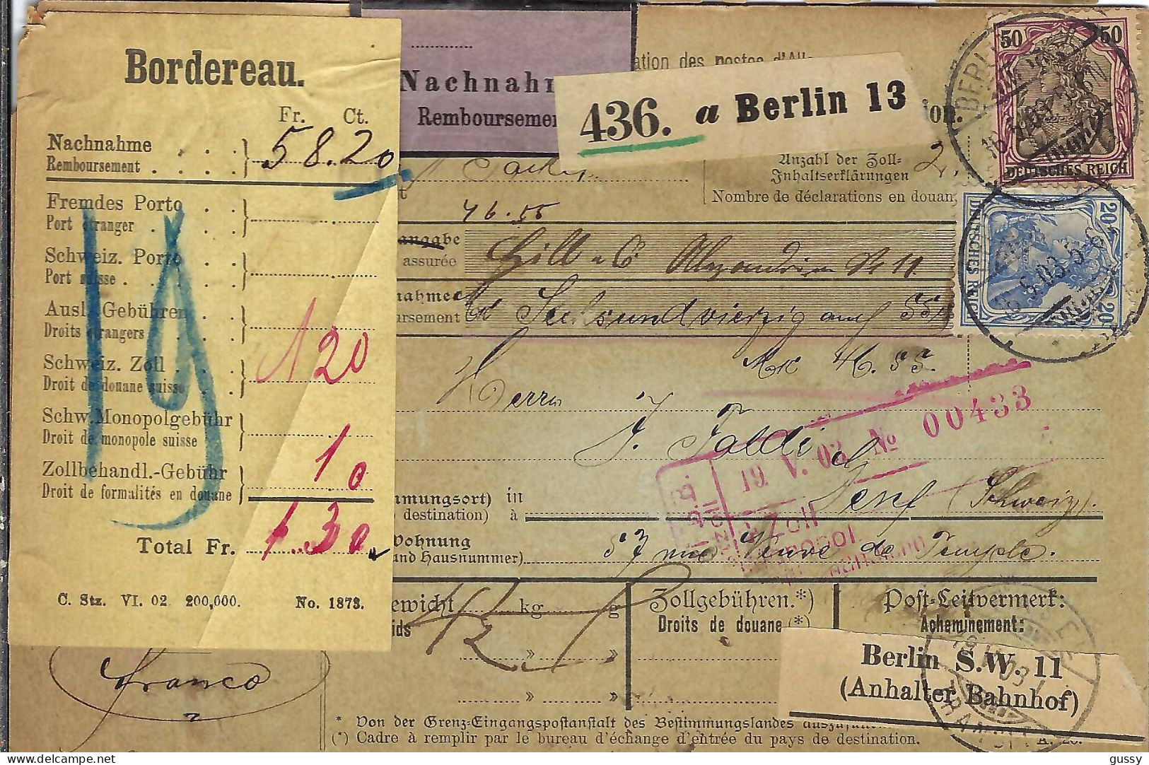 ALLEMAGNE Ca.1903: Bulletin D'Expédition CR De Berlin Pour Genève (Suisse) - Briefe U. Dokumente