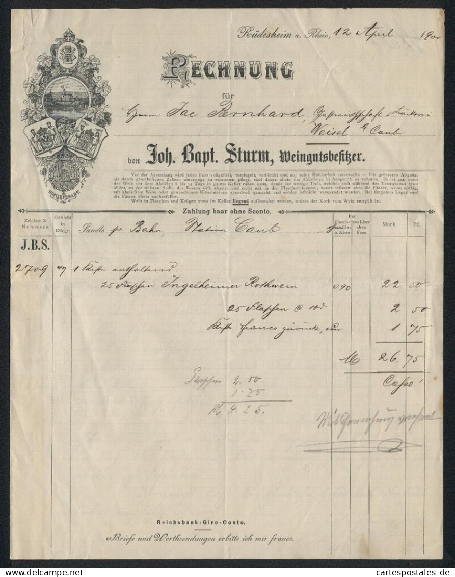 Rechnung Rüdesheim 1900, Joh. Bapt. Sturm, Weingutsbesitzer, Das Weingut Am Wasser, Herrschaftliche Wappen  - Andere & Zonder Classificatie