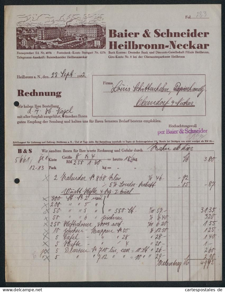 Rechnung Heilbronn A. N. 1932, Firma Baier & Schneider, Blick Auf Das Betriebsgelände  - Sonstige & Ohne Zuordnung