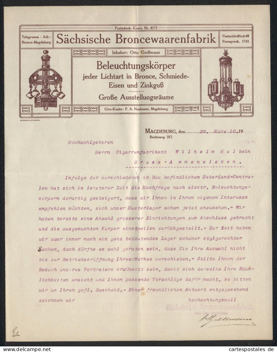 Briefkopf Magdeburg 1910, Otto Grellmann, Sächsische Broncewarenfabrik, Ansicht Zweier Kronleuchter  - Sonstige & Ohne Zuordnung