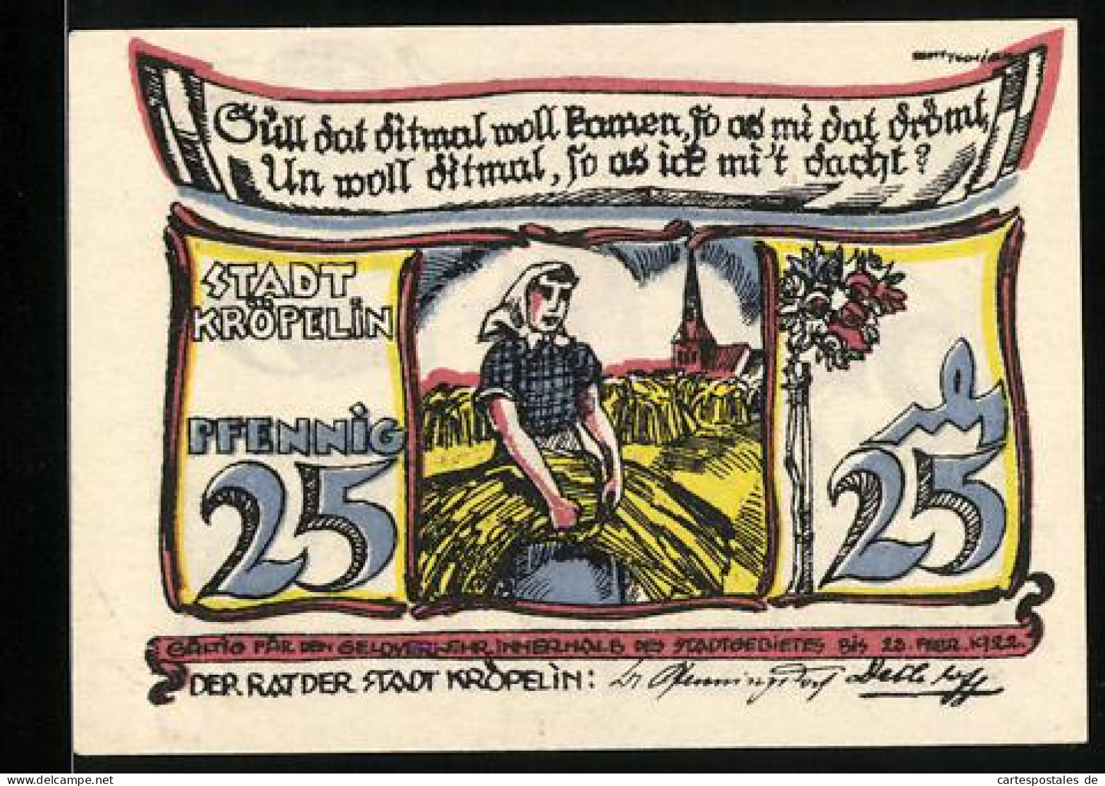 Notgeld Kröpelin, 25 Pfennig, Eine Bäuerin Mit Geerntetem Getreide  - [11] Local Banknote Issues